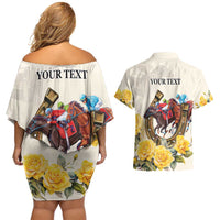 Melbourne Horse Racing Personalised Couples Matching Off Shoulder Short Dress and Hawaiian Shirt Australian Horse With Yellow Roses - Wonder Print Shop