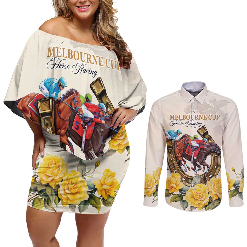 Melbourne Horse Racing Personalised Couples Matching Off Shoulder Short Dress and Long Sleeve Button Shirt Australian Horse With Yellow Roses - Wonder Print Shop