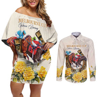 Melbourne Horse Racing Personalised Couples Matching Off Shoulder Short Dress and Long Sleeve Button Shirt Australian Horse With Yellow Roses - Wonder Print Shop