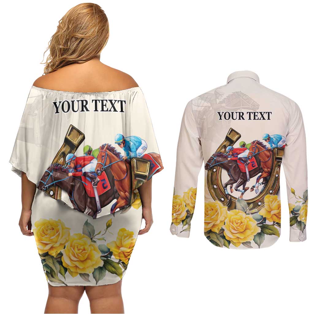 Melbourne Horse Racing Personalised Couples Matching Off Shoulder Short Dress and Long Sleeve Button Shirt Australian Horse With Yellow Roses - Wonder Print Shop