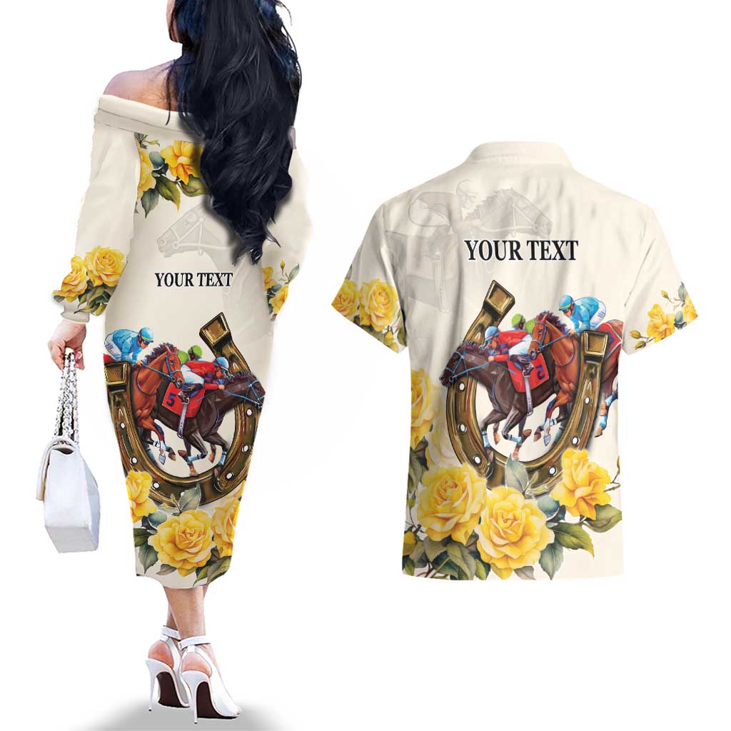 Melbourne Horse Racing Personalised Couples Matching Off The Shoulder Long Sleeve Dress and Hawaiian Shirt Australian Horse With Yellow Roses - Wonder Print Shop