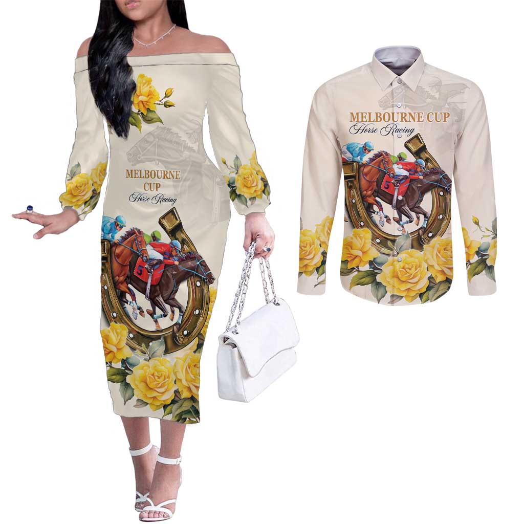 Melbourne Horse Racing Personalised Couples Matching Off The Shoulder Long Sleeve Dress and Long Sleeve Button Shirt Australian Horse With Yellow Roses - Wonder Print Shop