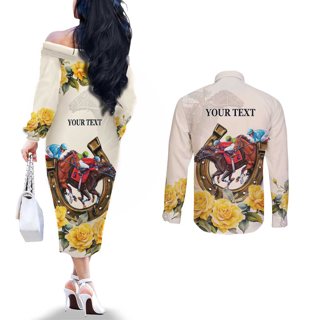 Melbourne Horse Racing Personalised Couples Matching Off The Shoulder Long Sleeve Dress and Long Sleeve Button Shirt Australian Horse With Yellow Roses - Wonder Print Shop