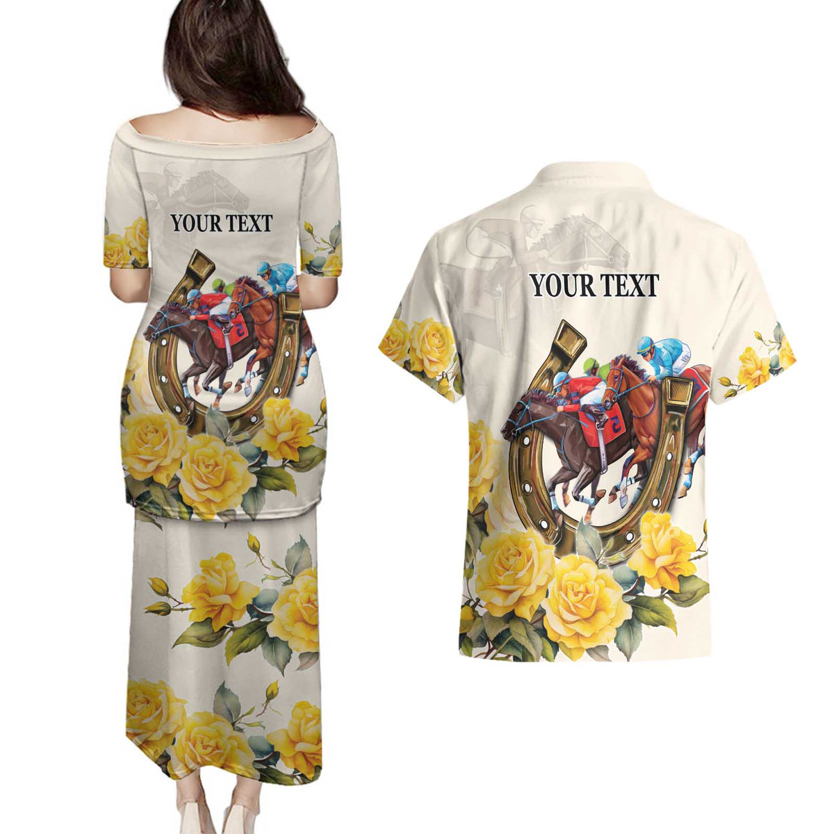 Melbourne Horse Racing Personalised Couples Matching Puletasi and Hawaiian Shirt Australian Horse With Yellow Roses - Wonder Print Shop
