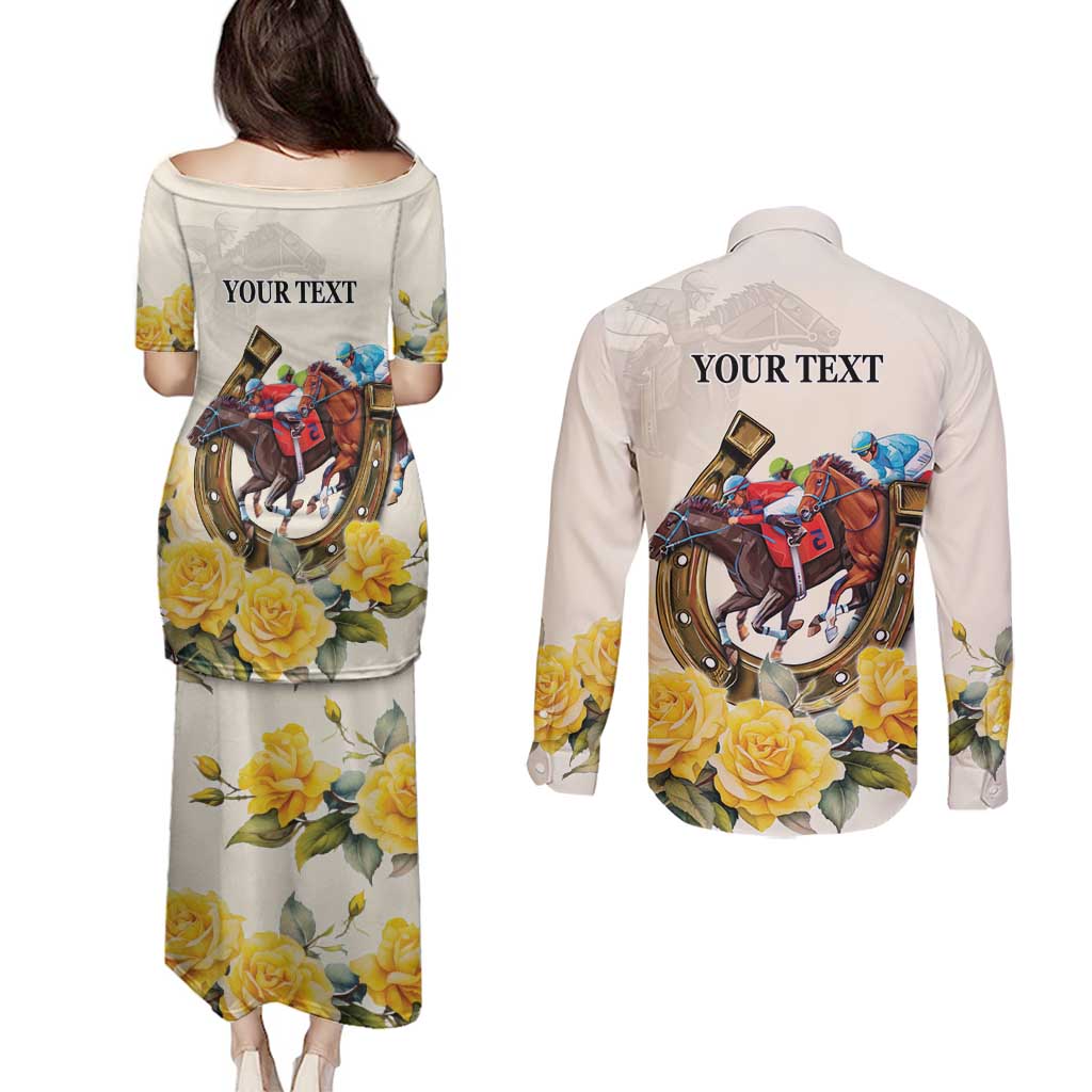 Melbourne Horse Racing Personalised Couples Matching Puletasi and Long Sleeve Button Shirt Australian Horse With Yellow Roses - Wonder Print Shop