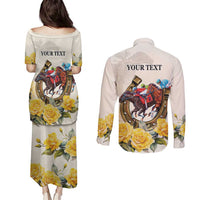 Melbourne Horse Racing Personalised Couples Matching Puletasi and Long Sleeve Button Shirt Australian Horse With Yellow Roses - Wonder Print Shop