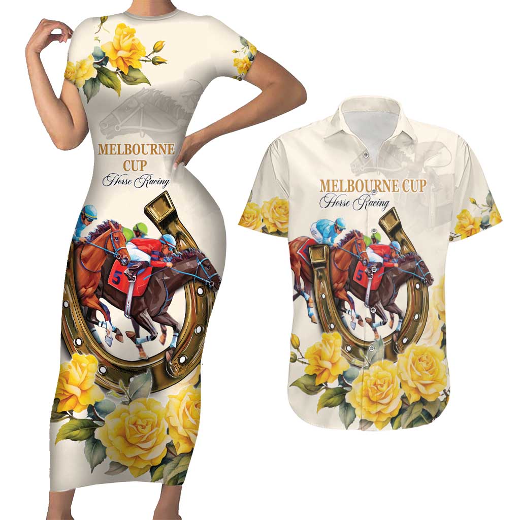 Melbourne Horse Racing Personalised Couples Matching Short Sleeve Bodycon Dress and Hawaiian Shirt Australian Horse With Yellow Roses - Wonder Print Shop