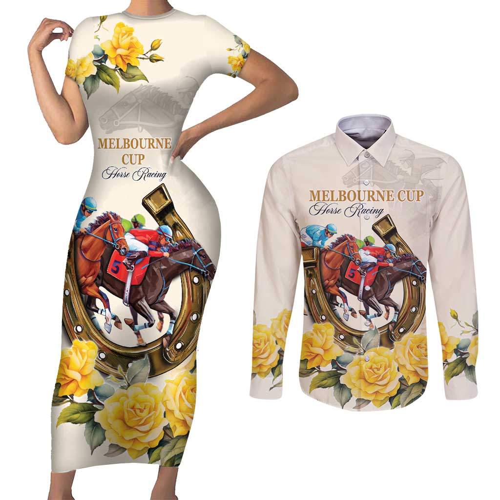 Melbourne Horse Racing Personalised Couples Matching Short Sleeve Bodycon Dress and Long Sleeve Button Shirt Australian Horse With Yellow Roses - Wonder Print Shop