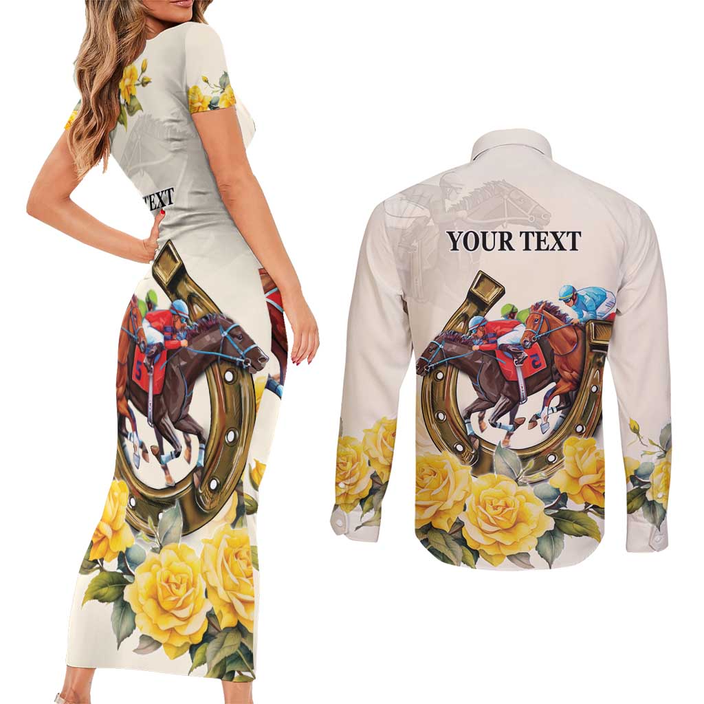 Melbourne Horse Racing Personalised Couples Matching Short Sleeve Bodycon Dress and Long Sleeve Button Shirt Australian Horse With Yellow Roses - Wonder Print Shop