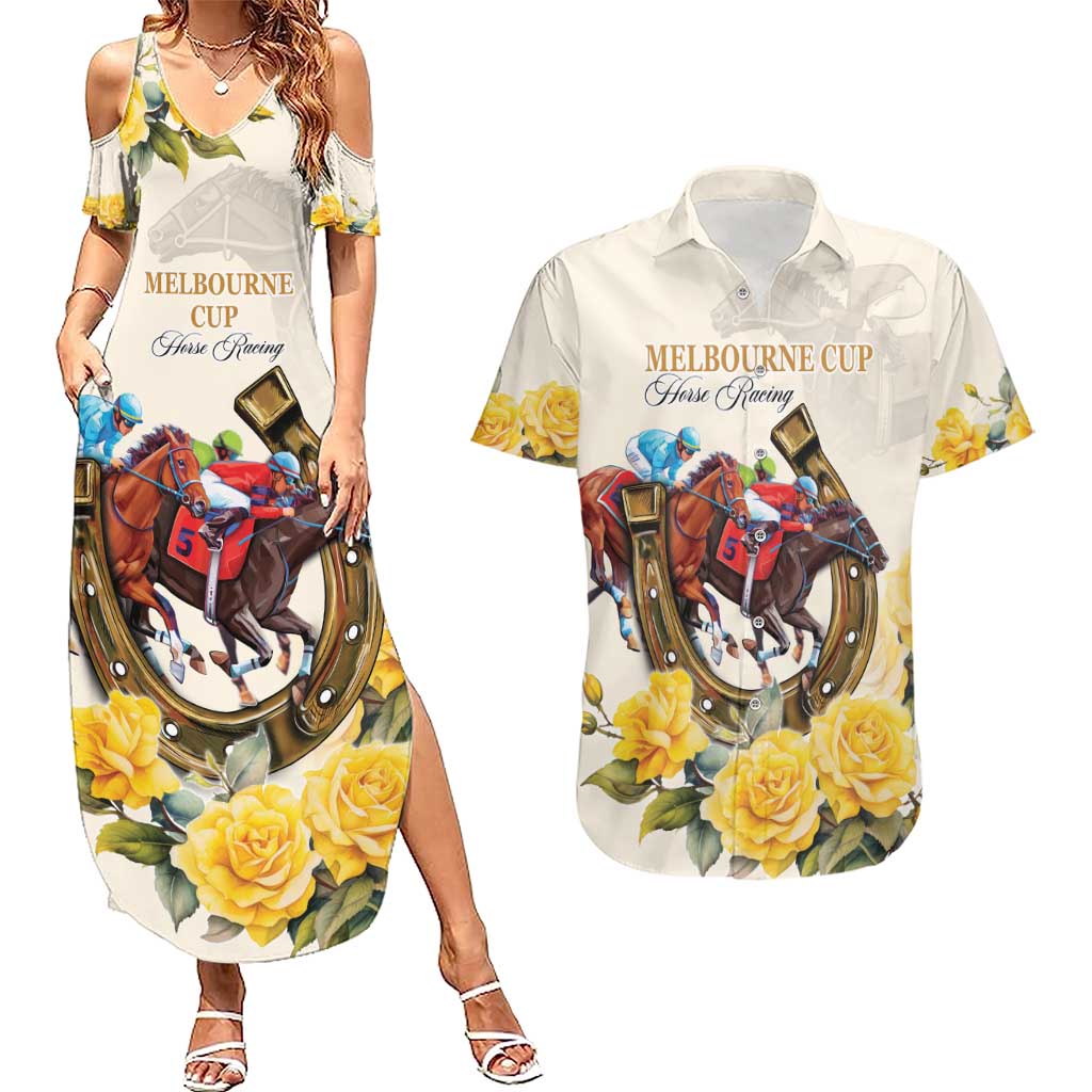 Melbourne Horse Racing Personalised Couples Matching Summer Maxi Dress and Hawaiian Shirt Australian Horse With Yellow Roses - Wonder Print Shop