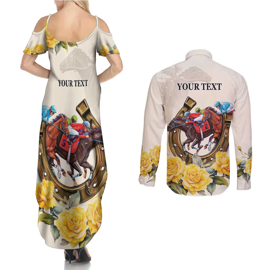 Melbourne Horse Racing Personalised Couples Matching Summer Maxi Dress and Long Sleeve Button Shirt Australian Horse With Yellow Roses - Wonder Print Shop