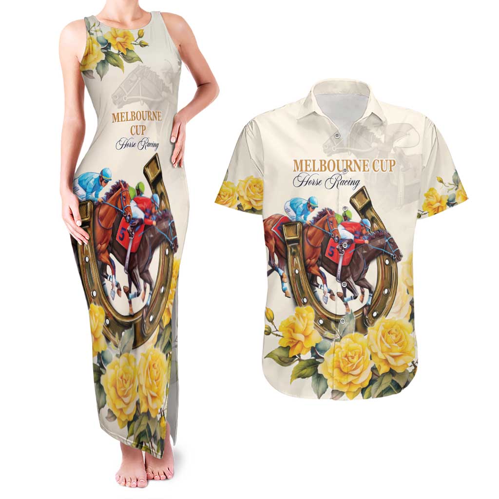Melbourne Horse Racing Personalised Couples Matching Tank Maxi Dress and Hawaiian Shirt Australian Horse With Yellow Roses - Wonder Print Shop