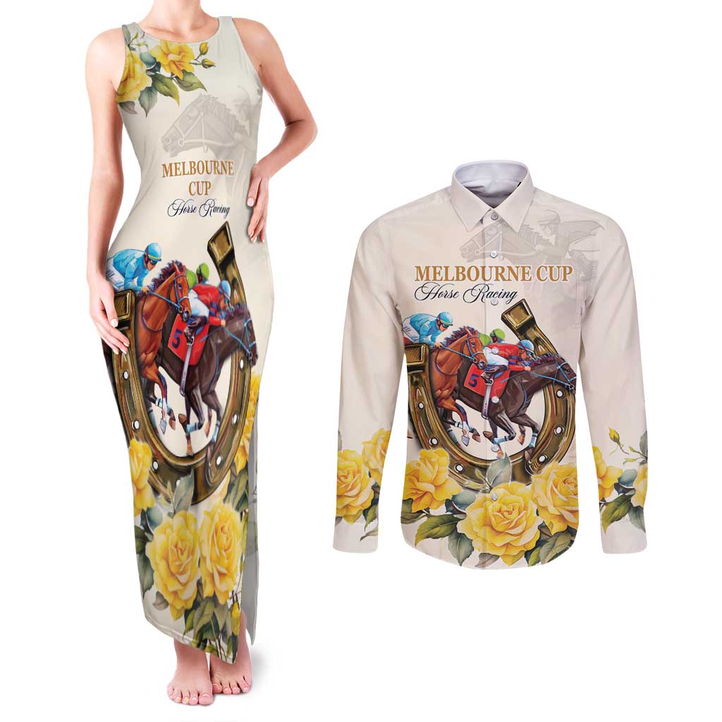 Melbourne Horse Racing Personalised Couples Matching Tank Maxi Dress and Long Sleeve Button Shirt Australian Horse With Yellow Roses - Wonder Print Shop