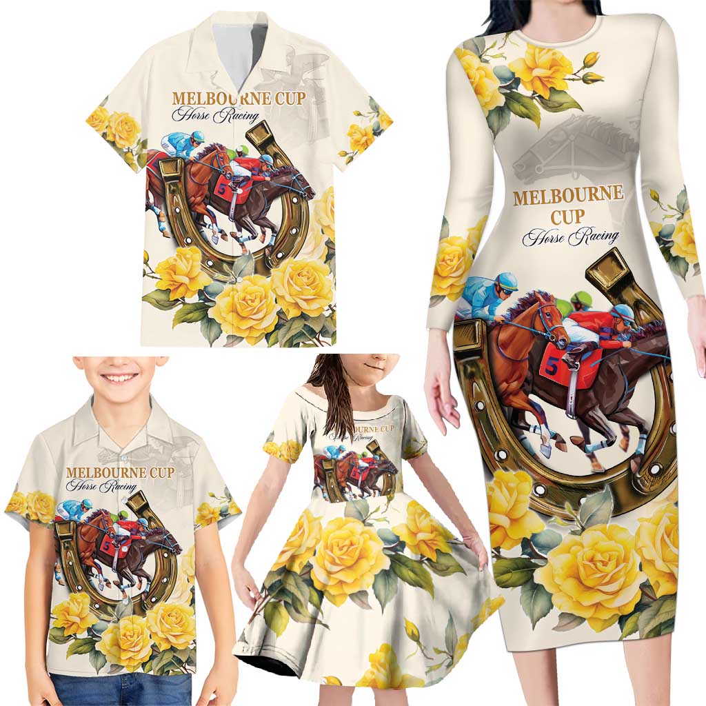 Melbourne Horse Racing Personalised Family Matching Long Sleeve Bodycon Dress and Hawaiian Shirt Australian Horse With Yellow Roses - Wonder Print Shop