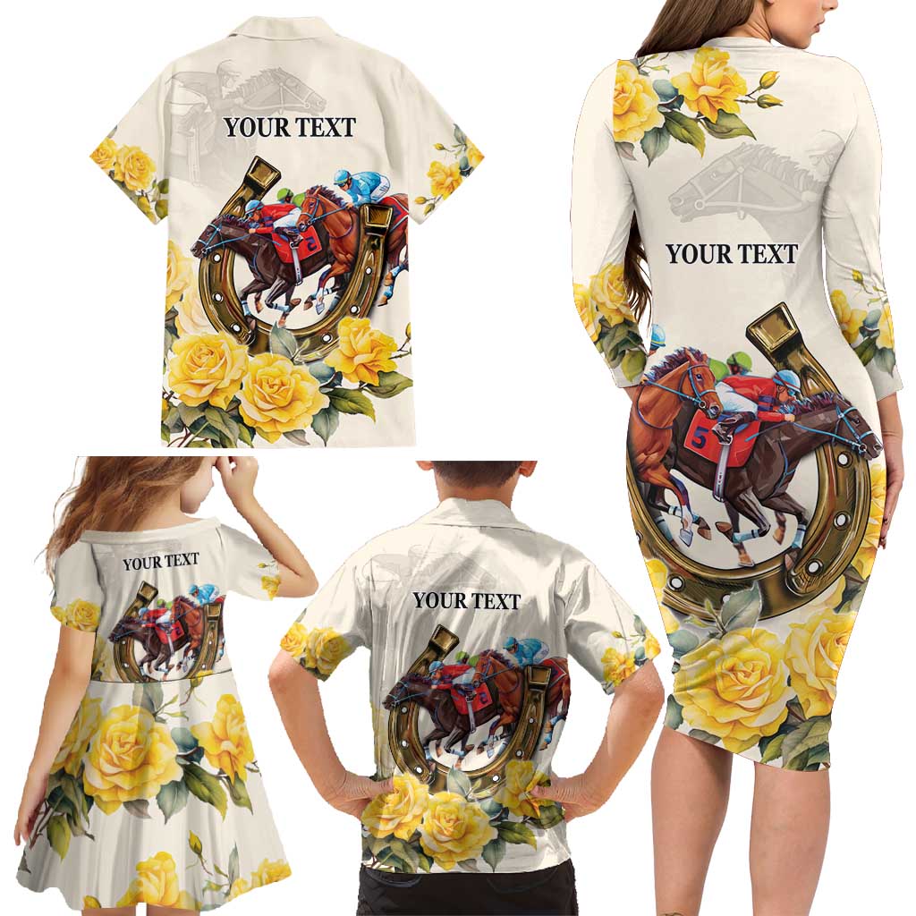 Melbourne Horse Racing Personalised Family Matching Long Sleeve Bodycon Dress and Hawaiian Shirt Australian Horse With Yellow Roses - Wonder Print Shop