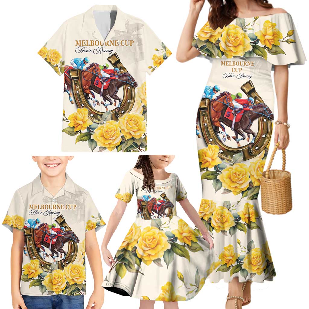 Melbourne Horse Racing Personalised Family Matching Mermaid Dress and Hawaiian Shirt Australian Horse With Yellow Roses - Wonder Print Shop