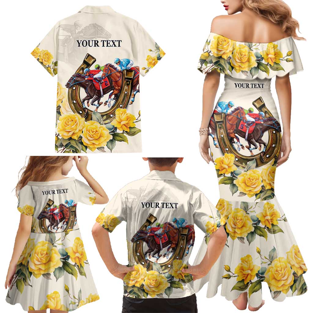 Melbourne Horse Racing Personalised Family Matching Mermaid Dress and Hawaiian Shirt Australian Horse With Yellow Roses - Wonder Print Shop