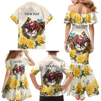 Melbourne Horse Racing Personalised Family Matching Mermaid Dress and Hawaiian Shirt Australian Horse With Yellow Roses - Wonder Print Shop