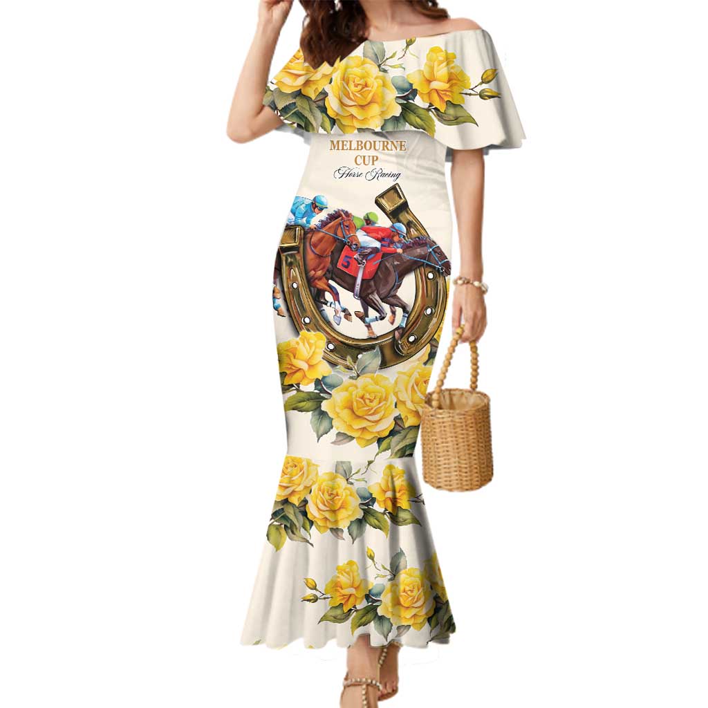 Melbourne Horse Racing Personalised Family Matching Mermaid Dress and Hawaiian Shirt Australian Horse With Yellow Roses - Wonder Print Shop