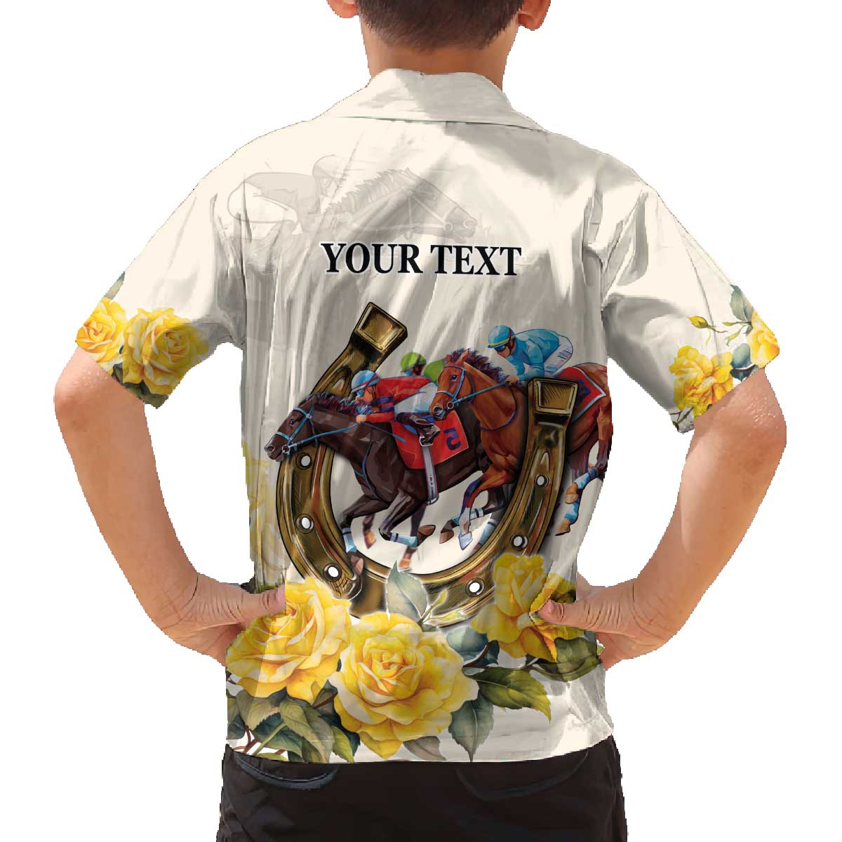 Melbourne Horse Racing Personalised Family Matching Off The Shoulder Long Sleeve Dress and Hawaiian Shirt Australian Horse With Yellow Roses - Wonder Print Shop