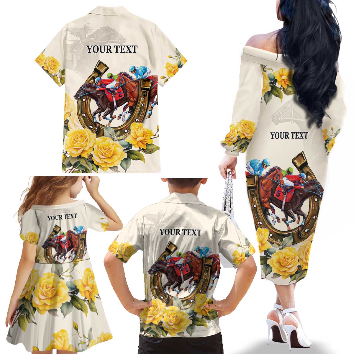 Melbourne Horse Racing Personalised Family Matching Off The Shoulder Long Sleeve Dress and Hawaiian Shirt Australian Horse With Yellow Roses - Wonder Print Shop