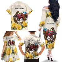 Melbourne Horse Racing Personalised Family Matching Off The Shoulder Long Sleeve Dress and Hawaiian Shirt Australian Horse With Yellow Roses - Wonder Print Shop