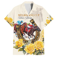 Melbourne Horse Racing Personalised Family Matching Off The Shoulder Long Sleeve Dress and Hawaiian Shirt Australian Horse With Yellow Roses - Wonder Print Shop