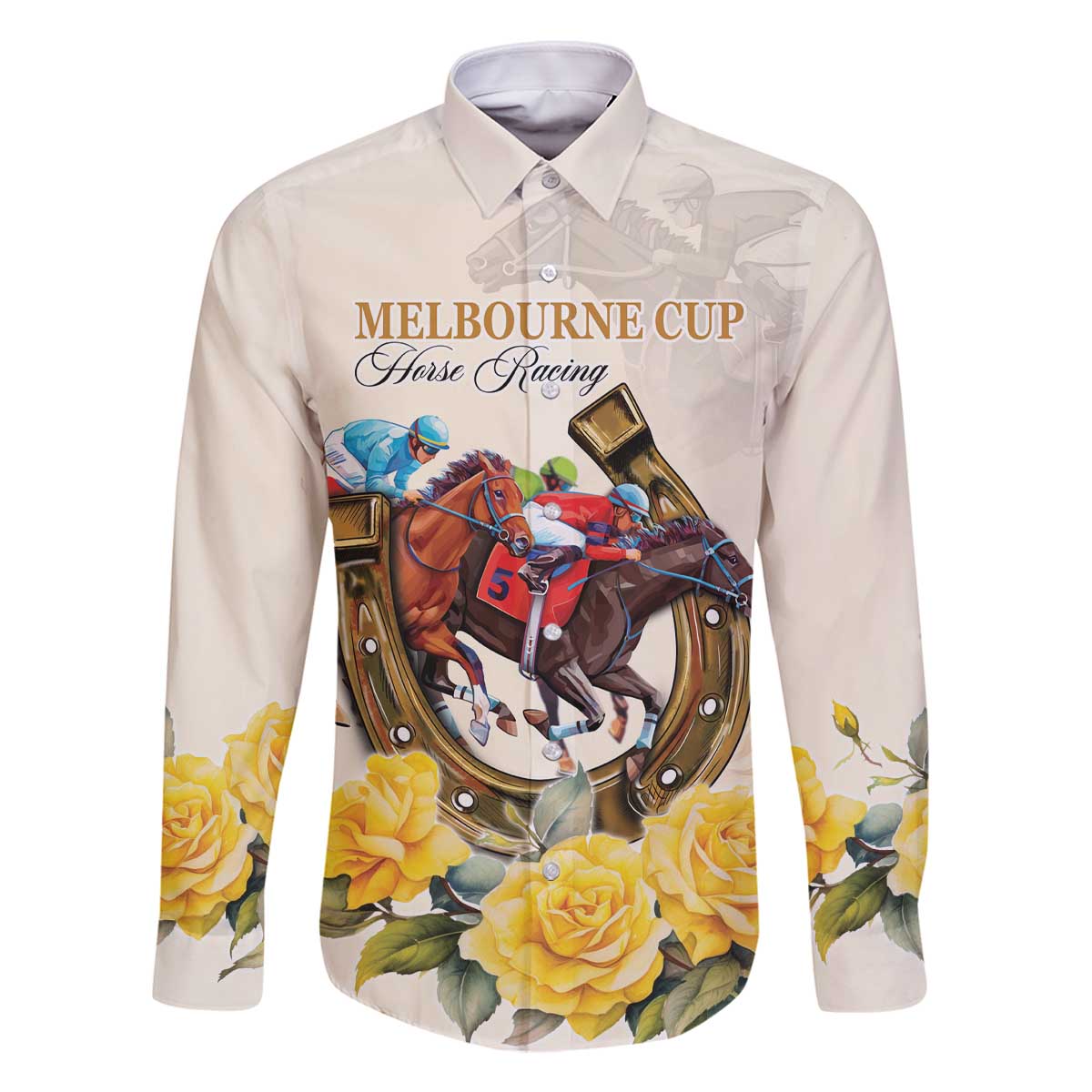 Melbourne Horse Racing Personalised Family Matching Off The Shoulder Long Sleeve Dress and Hawaiian Shirt Australian Horse With Yellow Roses - Wonder Print Shop