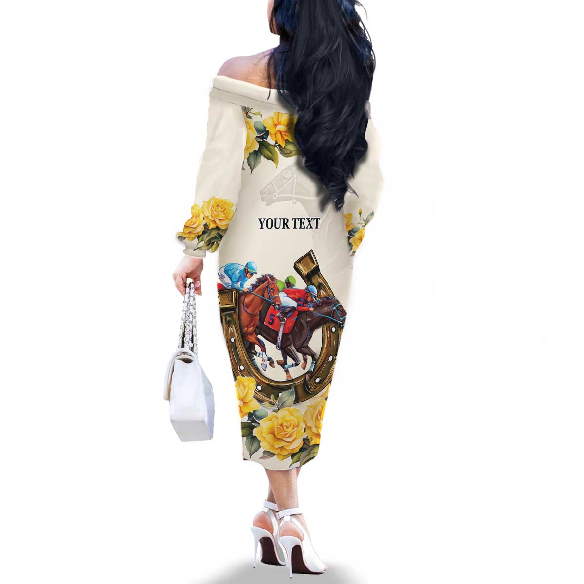 Melbourne Horse Racing Personalised Family Matching Off The Shoulder Long Sleeve Dress and Hawaiian Shirt Australian Horse With Yellow Roses - Wonder Print Shop