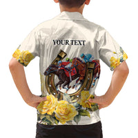 Melbourne Horse Racing Personalised Family Matching Off Shoulder Maxi Dress and Hawaiian Shirt Australian Horse With Yellow Roses - Wonder Print Shop