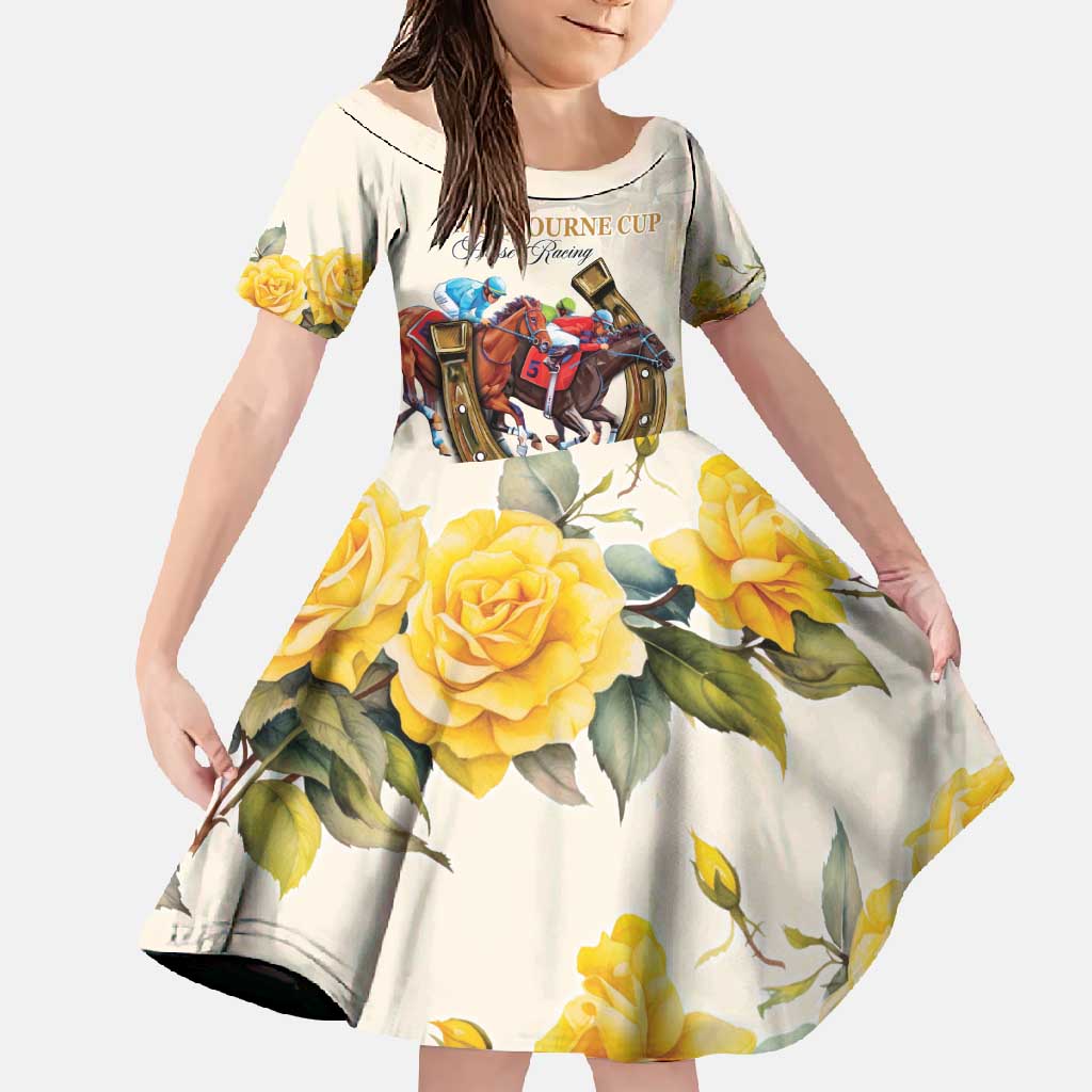 Melbourne Horse Racing Personalised Family Matching Off Shoulder Maxi Dress and Hawaiian Shirt Australian Horse With Yellow Roses - Wonder Print Shop