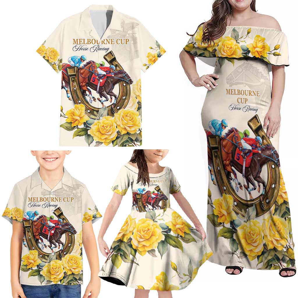 Melbourne Horse Racing Personalised Family Matching Off Shoulder Maxi Dress and Hawaiian Shirt Australian Horse With Yellow Roses - Wonder Print Shop