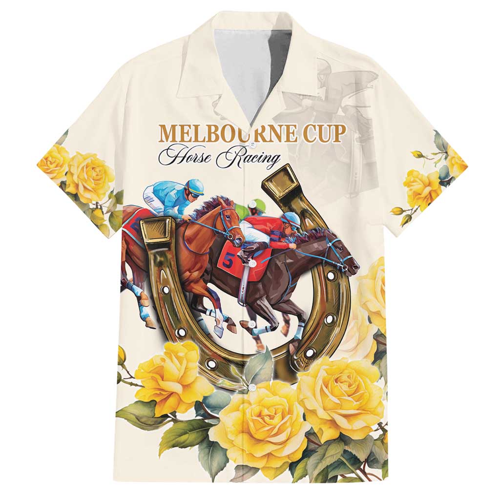 Melbourne Horse Racing Personalised Family Matching Off Shoulder Maxi Dress and Hawaiian Shirt Australian Horse With Yellow Roses - Wonder Print Shop