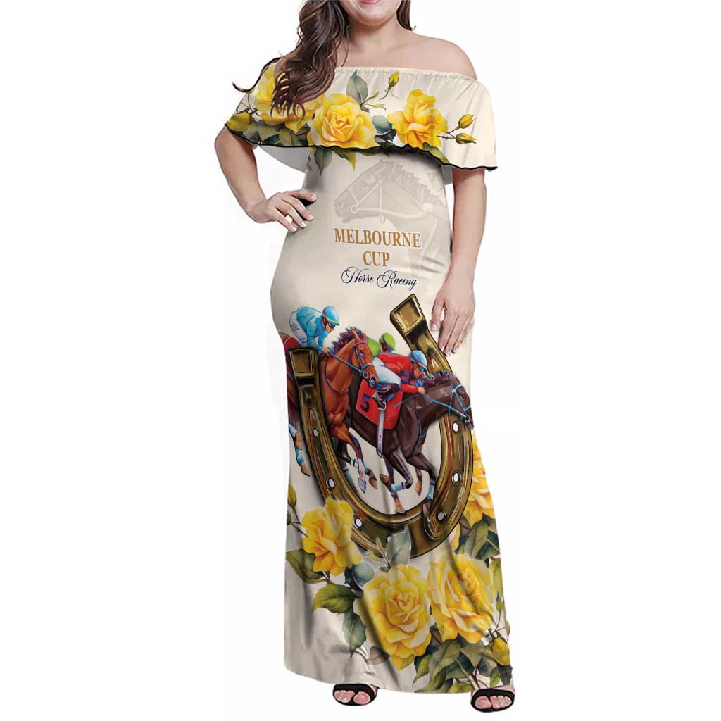Melbourne Horse Racing Personalised Family Matching Off Shoulder Maxi Dress and Hawaiian Shirt Australian Horse With Yellow Roses - Wonder Print Shop