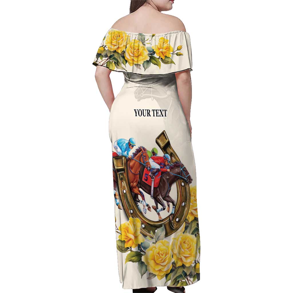 Melbourne Horse Racing Personalised Family Matching Off Shoulder Maxi Dress and Hawaiian Shirt Australian Horse With Yellow Roses - Wonder Print Shop
