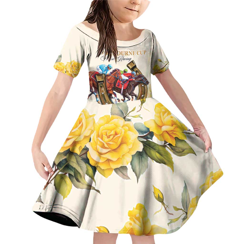 Melbourne Horse Racing Personalised Family Matching Off Shoulder Short Dress and Hawaiian Shirt Australian Horse With Yellow Roses - Wonder Print Shop