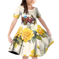 Melbourne Horse Racing Personalised Family Matching Off Shoulder Short Dress and Hawaiian Shirt Australian Horse With Yellow Roses - Wonder Print Shop
