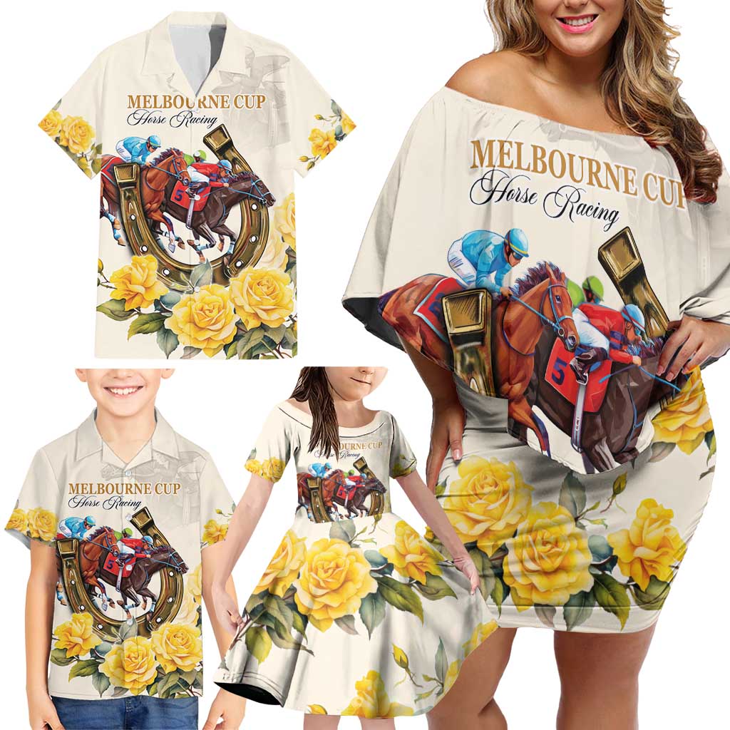 Melbourne Horse Racing Personalised Family Matching Off Shoulder Short Dress and Hawaiian Shirt Australian Horse With Yellow Roses - Wonder Print Shop
