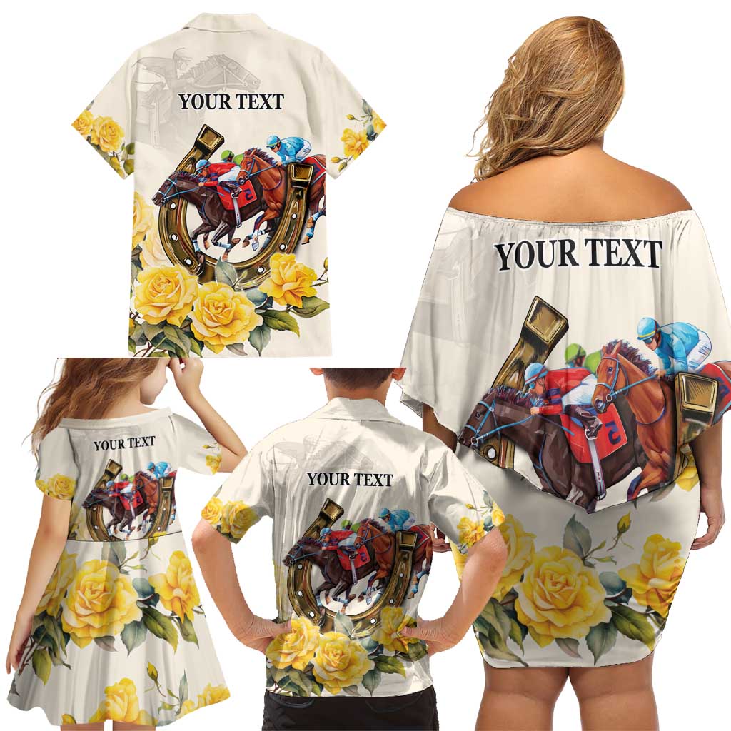 Melbourne Horse Racing Personalised Family Matching Off Shoulder Short Dress and Hawaiian Shirt Australian Horse With Yellow Roses - Wonder Print Shop