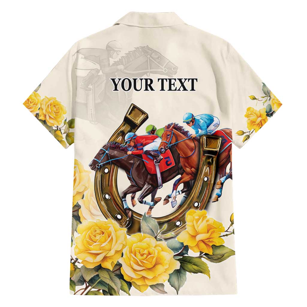 Melbourne Horse Racing Personalised Family Matching Off Shoulder Short Dress and Hawaiian Shirt Australian Horse With Yellow Roses - Wonder Print Shop