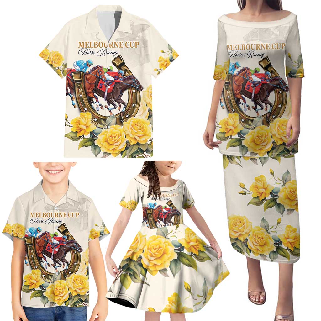 Melbourne Horse Racing Personalised Family Matching Puletasi and Hawaiian Shirt Australian Horse With Yellow Roses - Wonder Print Shop