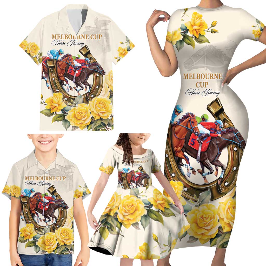 Melbourne Horse Racing Personalised Family Matching Short Sleeve Bodycon Dress and Hawaiian Shirt Australian Horse With Yellow Roses - Wonder Print Shop