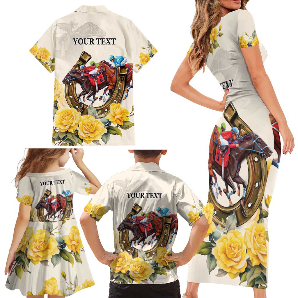 Melbourne Horse Racing Personalised Family Matching Short Sleeve Bodycon Dress and Hawaiian Shirt Australian Horse With Yellow Roses - Wonder Print Shop