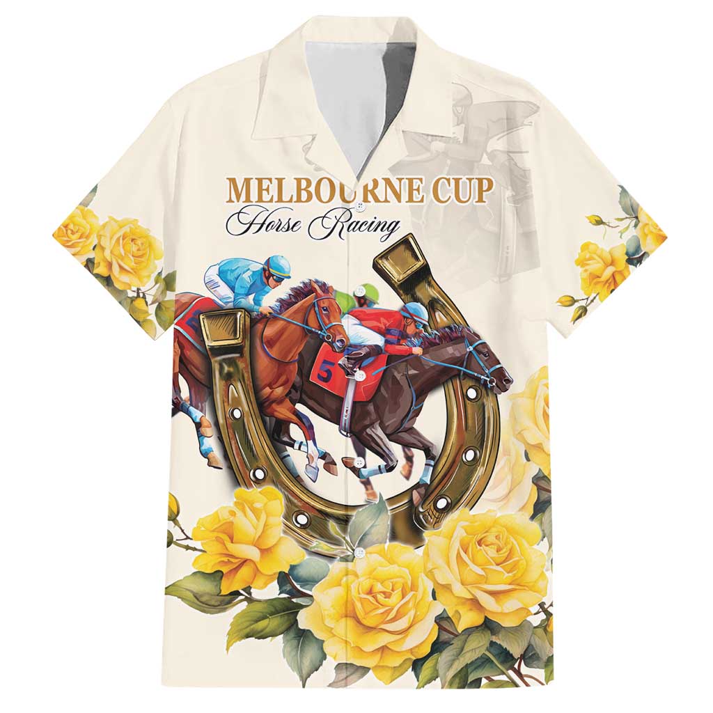 Melbourne Horse Racing Personalised Family Matching Short Sleeve Bodycon Dress and Hawaiian Shirt Australian Horse With Yellow Roses - Wonder Print Shop