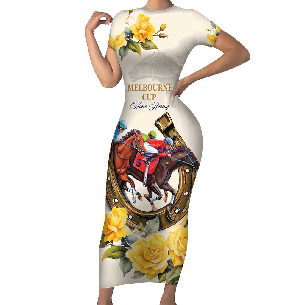 Melbourne Horse Racing Personalised Family Matching Short Sleeve Bodycon Dress and Hawaiian Shirt Australian Horse With Yellow Roses - Wonder Print Shop