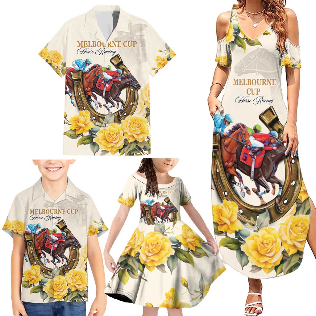 Melbourne Horse Racing Personalised Family Matching Summer Maxi Dress and Hawaiian Shirt Australian Horse With Yellow Roses - Wonder Print Shop