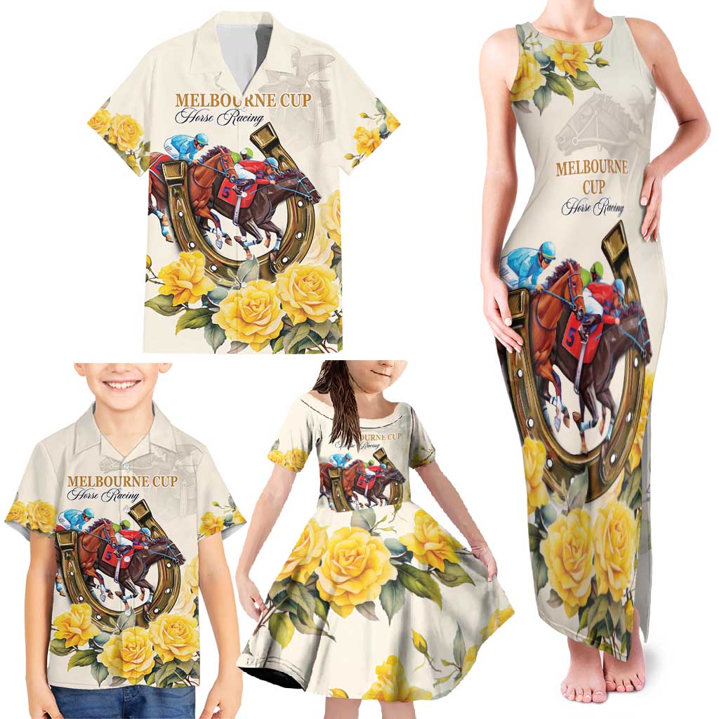 Melbourne Horse Racing Personalised Family Matching Tank Maxi Dress and Hawaiian Shirt Australian Horse With Yellow Roses - Wonder Print Shop