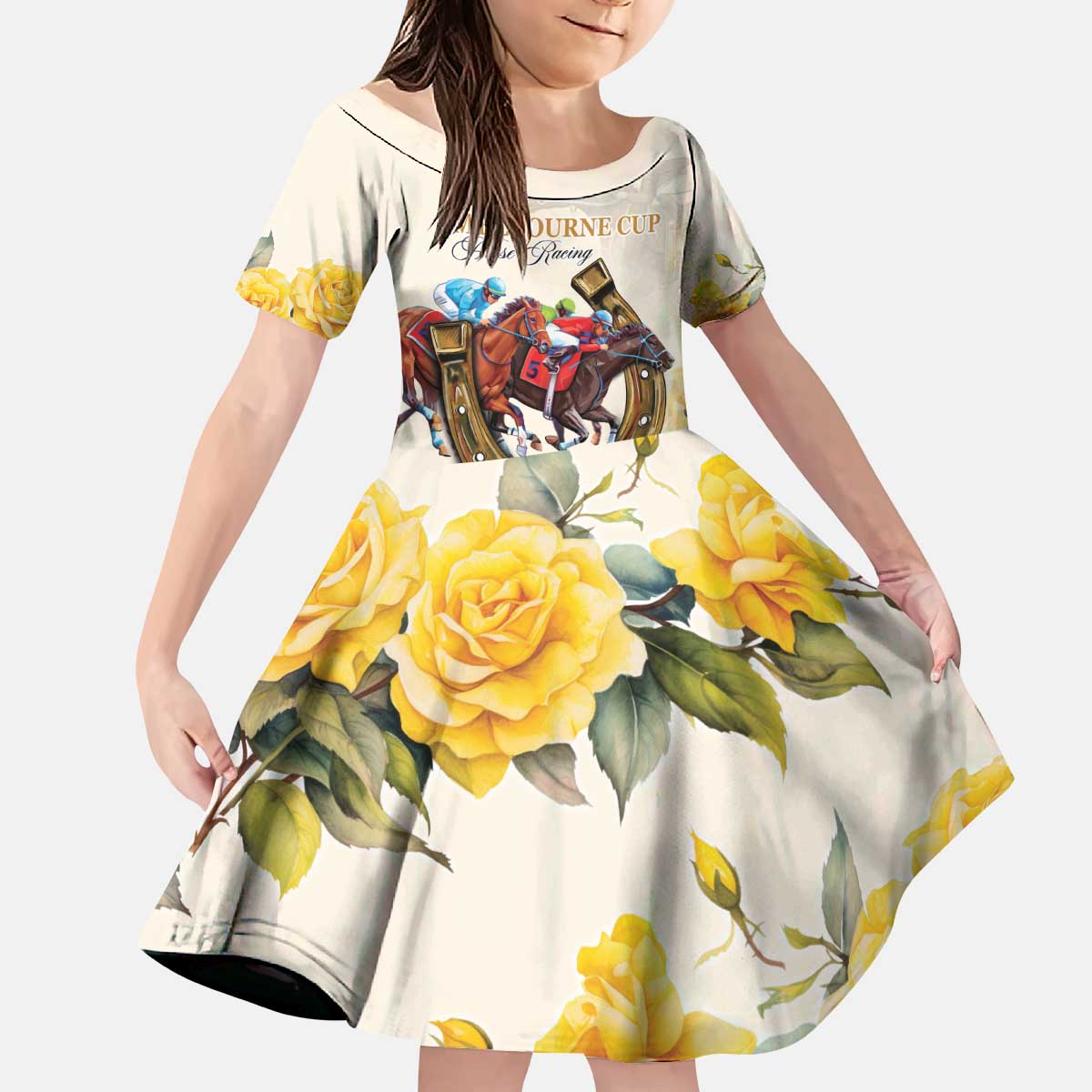 Melbourne Horse Racing Personalised Kid Short Sleeve Dress Australian Horse With Yellow Roses - Wonder Print Shop