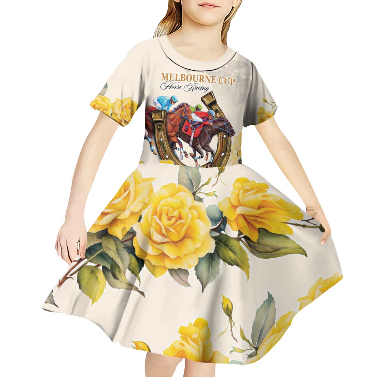 Melbourne Horse Racing Personalised Kid Short Sleeve Dress Australian Horse With Yellow Roses - Wonder Print Shop