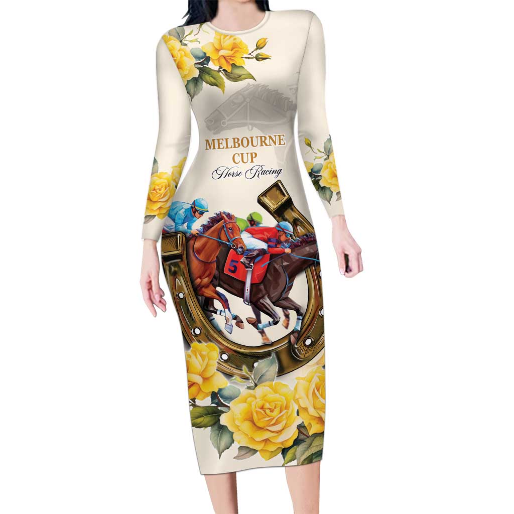 Melbourne Horse Racing Personalised Long Sleeve Bodycon Dress Australian Horse With Yellow Roses - Wonder Print Shop
